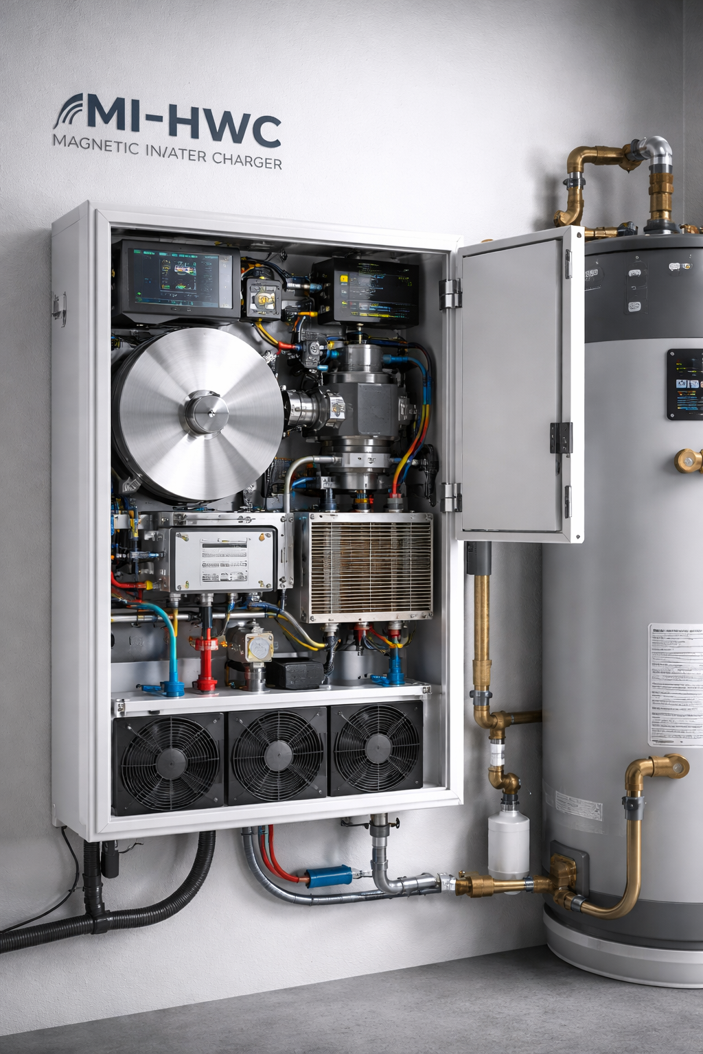 MI-HWC interior layout with magnetic inertia flywheel and plumbing