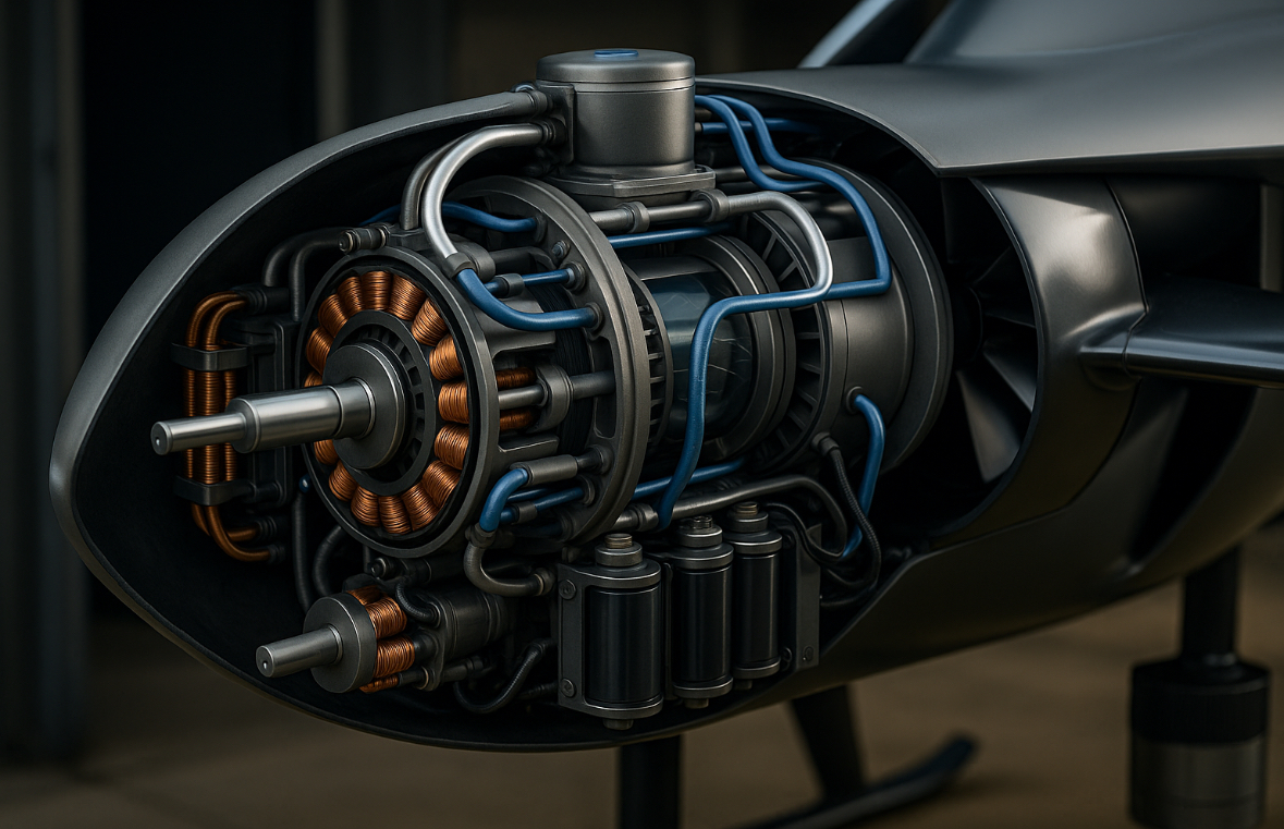 Composite long-wing drone on a runway with Magnetic Inertia jet nacelle installed